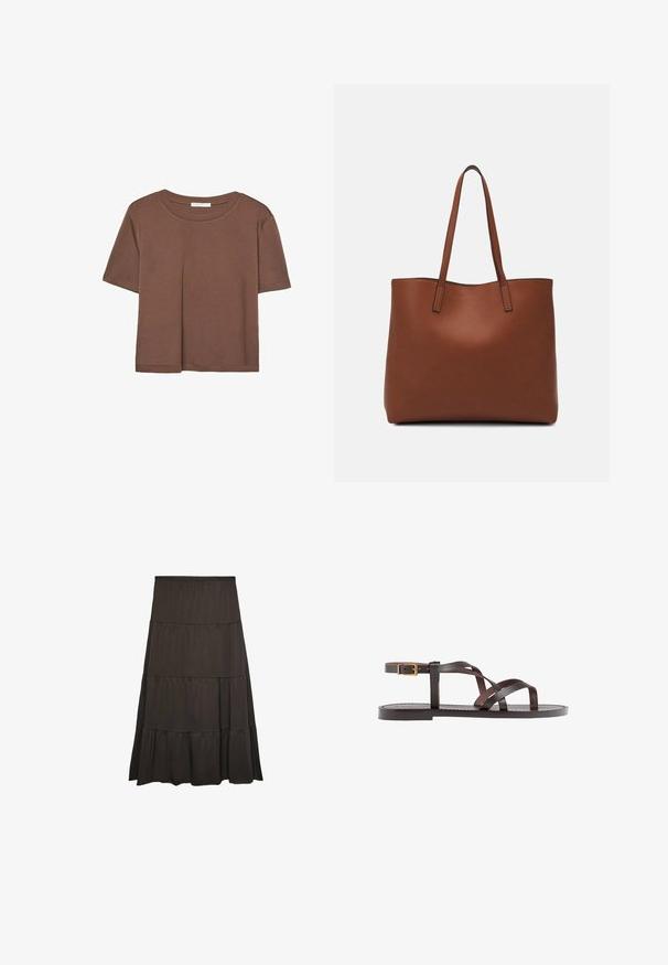 T-shirt marron à manches courtes en tissu doux, avec un col rond et une coupe décontractée. Aucun motif ni accent visible.; Jupe maxi tiered de couleur marron foncé en tissu doux avec une taille élastique. Présente trois volants horizontaux sur toute la longueur.; Sandale en cuir marron avec des brides entrecroisées, une fermeture à boucle à la cheville et une semelle plate avec des détails de couture minimaux.; Sac fourre-tout en cuir marron avec une texture lisse, design à ouverture supérieure et deux poignées pour le porter à l'épaule. Présente des coutures minimales et aucun matériel visible.