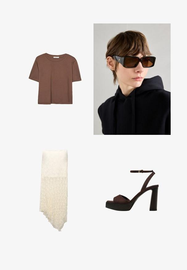 Brązowa koszulka z krótkim rękawem, wykonana z miękkiego materiału, z okrągłym dekoltem i luźnym krojem. Brak widocznych wzorów lub akcentów.; Biała, teksturowana spódnica w stylu owijanym z asymetrycznym dołem, z marszczonym wzorem, który stopniowo przechodzi od pełnej nieprzezroczystości do półprzezroczystości.; Brązowe zamszowe sandały na wysokim obcasie z odkrytymi palcami, regulowanym paskiem na kostce i paskowatą podeszwą.; Czarne, oversize okulary przeciwsłoneczne o błyszczącym wykończeniu, prostokątnym kształcie, brązowych soczewkach oraz złotym detalu logo na zausznikach.