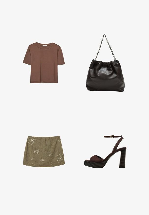 Braunes, kurzärmliges T-Shirt aus weichem Material mit rundem Halsausschnitt und lockerer Passform. Keine sichtbaren Muster oder Akzente.; Olivgrüner Rock mit tailliertem Bund, verziert mit silbernen Perlen in Blumen- und Sternmustern, die ein strukturiertes Oberflächendesign erzeugen.; Braune Wildleder-Pumps mit offenem Zeh, verstellbarem Knöchelriemen und gestreiftem Plateausohlen.; Braune Lederhandtasche mit gerafftem Oberteil und Kettenriemen. Glatte Textur mit glänzendem Finish und subtilen Nahtdetails an den Seiten.