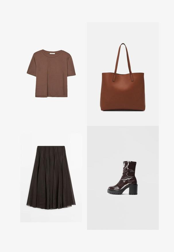 Maglietta a maniche corte marrone realizzata in tessuto morbido, con scollatura rotonda e vestibilità rilassata. Nessun motivo o dettaglio visibile.; Gonna midi A-line marrone scuro con dettagli delle cuciture verticali, tessuto leggero e chiusura con zip sul retro.; Stivale alla caviglia bordeaux lucido con un tacco spesso nero, caratterizzato da una superficie liscia e un design semplice. Nessuna chiusura visibile o motivo.; Borsa tote in pelle marrone con texture liscia, design con apertura superiore e due spallacci. Presenta cuciture minime e nessun hardware visibile.