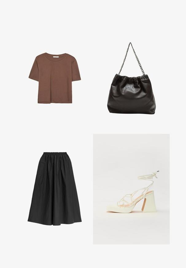 T-shirt marron à manches courtes en tissu doux, avec un col rond et une coupe décontractée. Aucun motif ni accent visible.; Jupe noire à longueur de cheville en tissu léger. Présente une taille élastique et un design ample et fluide avec une texture subtile.; Sandale blanche à talons hauts avec un talon épais, présentant un design à lanières et un lien autour de la cheville. Texture lisse avec une plateforme à l'avant pour une hauteur supplémentaire.; Sac en cuir marron avec un haut froncé et une bandoulière en chaîne. Texture lisse avec une finition brillante et des coutures subtiles sur les côtés.