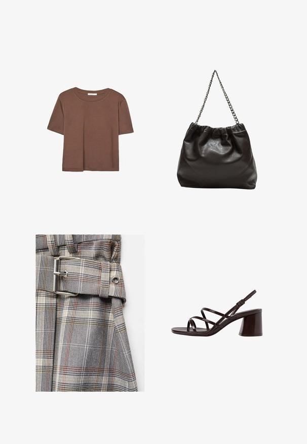 Korte mouwen T-shirt in bruin, gemaakt van een zachte stof, met een ronde halslijn en een relaxte pasvorm. Geen zichtbare patronen of accenten.; Geruite stoffen riem met zilverkleurige hardware, die een patroon toont van zwart, grijs en subtiele accenten in oranje en geel. Textuurafwerking.; Bruine sandalen met hoge hakken en dikke hak, met een gladde, glanzende afwerking en meerdere kruislings gespen op de bovenkant.; Bruine leren tas met een geplooide bovenkant en een kettinghengsel. Glad textuur met een glanzende afwerking en subtiele naaddetails aan de zijkanten.