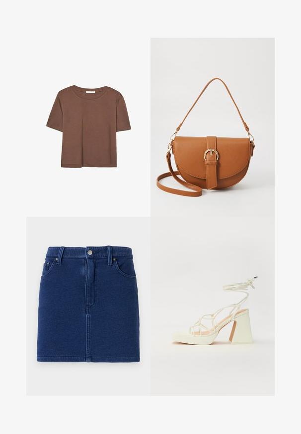 Braunes, kurzärmliges T-Shirt aus weichem Material mit rundem Halsausschnitt und lockerer Passform. Keine sichtbaren Muster oder Akzente.; Jeansrock in tiefblau mit figurbetontem Schnitt, Knopfverschluss vorne und zwei seitlichen Taschen. Mit sichtbaren Nähten und geradem Saum.; Weiße High-Heel-Sandale mit einem klobigen Absatz, die über ein Riemchendesign und ein Knöchelband verfügt. Glatte Textur mit einer Plattform vorne für zusätzliche Höhe.; Braune Leder-Crossbody-Tasche mit geschwungener Form, goldfarbenen Beschlägen und einer Schnallenakzentuierung. Verfügt über einen abnehmbaren Schultergurt.