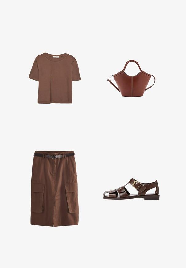 Brązowa koszulka z krótkim rękawem, wykonana z miękkiego materiału, z okrągłym dekoltem i luźnym krojem. Brak widocznych wzorów lub akcentów.; Brąskowa bawełniana spódnica o długości midi, z paskiem w talii, z rozcięciem z przodu oraz dwiema dużymi kieszeniami naszytymi dla funkcjonalności.; Brązowe skórzane sandały z wycięciami, regulowanym zapięciem po boku i płaską podeszwą, z metalowymi akcentami i otwartym noskiem.; Brązowa skórzana torba o stożkowatym kształcie, mocne uchwyty i kontrastowe białe przeszycia. W zestawie odpinany pasek na ramię, co daje możliwość różnorodnego noszenia.