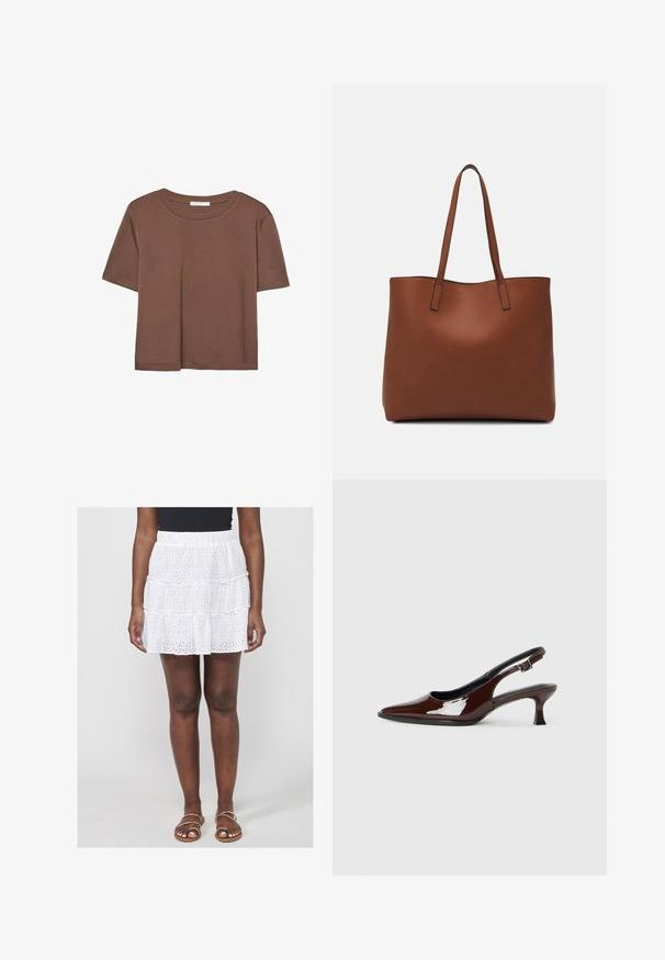 Hnědé tričko s krátkým rukávem vyrobené z měkké látky, s kulatým výstřihem a volným střihem. Bez viditelných vzorů nebo dekorací.; Bílá, vrstvená mini sukně s vyšívanými otvory a gumičkovým pasem. Nosit s plochými sandály na řemínky.; Hnědé lakované kožené slingback boty s špičatou špičkou a mírným podpatkem. Disponují přezkou pro bezpečné upevnění. Hladký povrch.; Hnědá kožená taška přes rameno s hladkou texturou, otevřeným designem a dvěma ramenními popruhy. Obsahuje minimální švy a žádné viditelné kovové prvky.