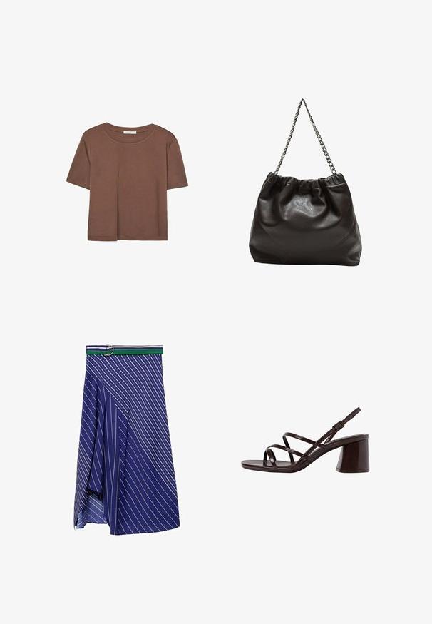 Brun kortærmet t-shirt lavet af blødt stof, med rund halsudskæring og afslappet pasform. Ingen synlige mønstre eller detaljer.; Blå nederdel med diagonale hvide striber og et grønt og hvidt stribet bælte med en sølvspænde. Letvægts, flydende stof med en slids.; Brune strop sandal med høj hæl og kraftig hæl, der har en glat, blank finish og flere krydskrydsede stropper på overdelen.; Brun lædertaske med en rynket top og en kædestrop. Glat tekstur med en blank finish og subtile sømdetaljer på siderne.