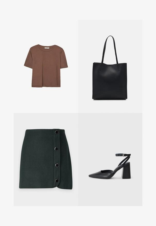 Rjava kratka majica s kratkimi rokavi iz mehkega materiala, s krožnim izrezom in ohlapnim krojem. Brez vidnih vzorcev ali dodatkov.; Temno zelena volnena mešanica obleka z zaveznim zapiranjem na strani, ki vključuje pet kovinskih gumbov in gladko teksturo.; Črne usnjene klasične čevlje z ostrim nosom, z zaponko za gleženj in debelim peto. Ravna tekstura, eleganten dizajn in minimalistična estetika.; Črna usnjena torba s svilnato teksturo, pravokotne oblike in dvema dolgima ročajema. Brez vidnih metalnih delov ali okrasnih elementov.