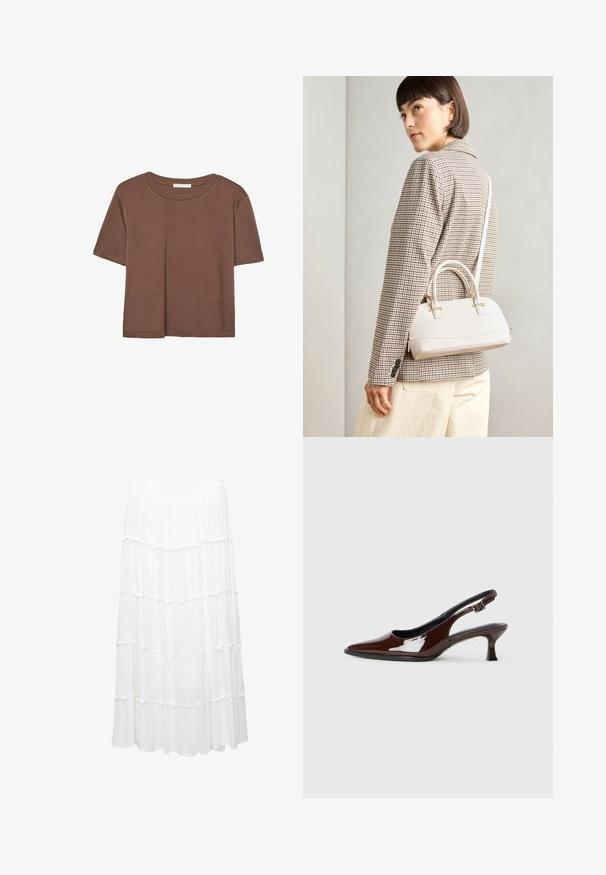 Brown short-sleeve t-shirt made of soft fabric, with a round neckline and relaxed fit. No visible patterns or accents.; White tiered skirt made of lightweight fabric, featuring a stretchy waistband, ruffled layers, and a flowing design that extends to mid-calf.; Brown patent leather slingback shoe with a pointed toe and a moderate heel. Features a buckle strap for secure fit. Smooth texture.; White structured handbag with short handles and a shoulder strap, featuring gold hardware accents and textured material, displayed against a grey background.