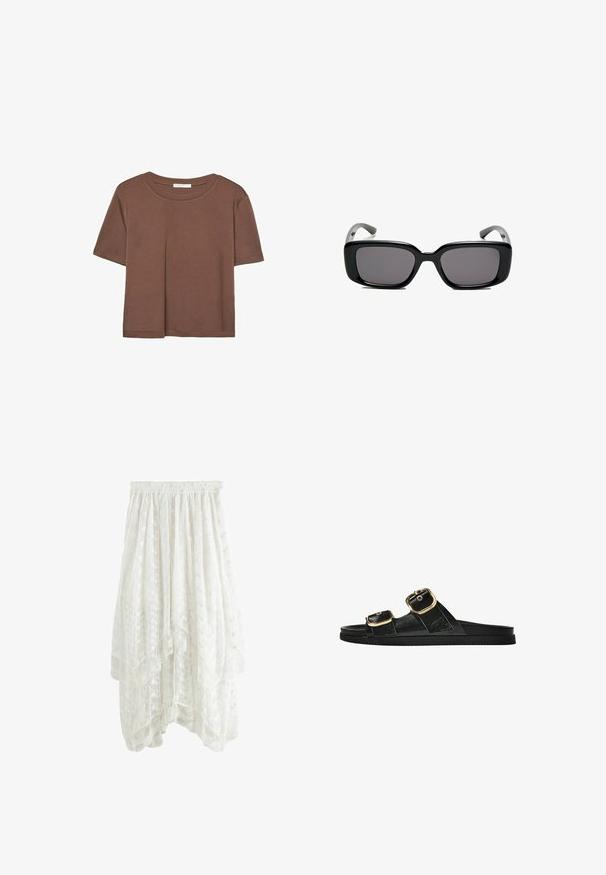 Rjava kratka majica s kratkimi rokavi iz mehkega materiala, s krožnim izrezom in ohlapnim krojem. Brez vidnih vzorcev ali dodatkov.; Bela čipkasta krila s večplastnim dizajnom, elastičnim pasom, cvetličnimi vzorci in valovitimi robovi. Lahkotna, polprosojna tkanina.; Črne drsne sandale z dvema zlatima zaponkama, gladkega materiala, ravnim podplatom in minimalističnim dizajnom.; Črne pravokotne sončne očala z temnimi lečami, gladkim plastičnim okvirjem in ukrivljenimi nogicami. Oblika je robustna in minimalistična.