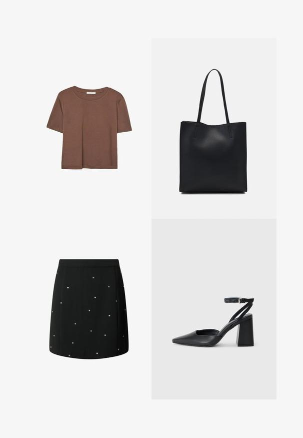 Brązowa koszulka z krótkim rękawem, wykonana z miękkiego materiału, z okrągłym dekoltem i luźnym krojem. Brak widocznych wzorów lub akcentów.; Czarna spódnica wykonana z materiału o gładkiej teksturze, z rozrzuconymi srebrnymi ćwiekami jako akcentami. Prosty krój z czystym wykończeniem.; Czarne skórzane czółenka z ostrym noskiem, z paskiem na kostce i grubym obcasem. Gładka faktura, elegancki design i minimalistyczna estetyka.; Czarna skórzana torba tote o gładkiej fakturze, prostokątnym kształcie i dwóch długich uchwytach. Brak widocznych elementów metalowych i ozdób.