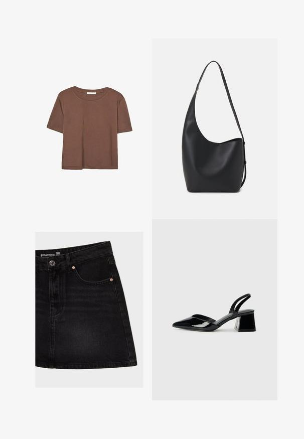 Hnědé tričko s krátkým rukávem vyrobené z měkké látky, s kulatým výstřihem a volným střihem. Bez viditelných vzorů nebo dekorací.; Černá džínová sukně s vysokým pasem, obsahující přední kapsu, měděné nýty a rovný střih. Tkanina má hladkou texturu.; Černé lakované kožené lodičky na pásku s špičatou špičkou a geometrickým blokovým podpatkem. Vyznačují se elegantním, minimalistickým designem a hladkým povrchem.; Černá kožená hobo taška s hladkým povrchem, zakřiveným tvarem a jedním nastavitelným popruhem; má široké otevírání nahoře.