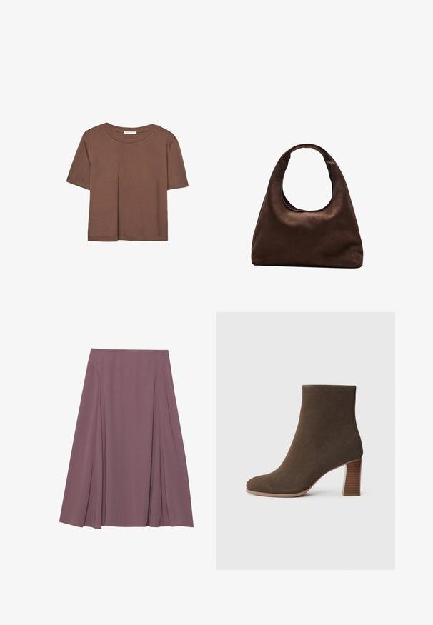 Brun kortærmet t-shirt lavet af blødt stof, med rund halsudskæring og afslappet pasform. Ingen synlige mønstre eller detaljer.; En knælang nederdel i en dæmpet mauve farve, lavet af letvægtsstof med plisseret design og en glat tekstur. Ingen synlige lukninger.; Brune ruskinds ankelstøvle med rund tå og en stablet, tekstureret hæl. Glat overflade uden synlige lukninger eller udsmykninger.; Blød brun hobo-stil håndtaske med en enkelt bred strop og en buet åbning på toppen, vist på en hvid baggrund.