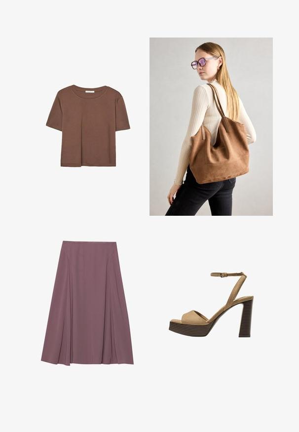 Braunes, kurzärmliges T-Shirt aus weichem Material mit rundem Halsausschnitt und lockerer Passform. Keine sichtbaren Muster oder Akzente.; Ein knielanger Rock in einem sanften Mauve-Ton, aus leichtem Stoff mit plissiertem Design und glatter Textur. Keine sichtbaren Verschlüsse.; Beige Wildleder-Pumps mit hohem Absatz, breitem Vorderband und Knöchelriemen, ausgestattet mit einem klobigen Holzblockabsatz mit strukturiertem Finish.; Braune Wildleder-Tasche mit weicher Textur, großer Öffnung und langen Trägern. Sie verfügt über ein simples Design mit sichtbarem Stich und ohne Beschläge.