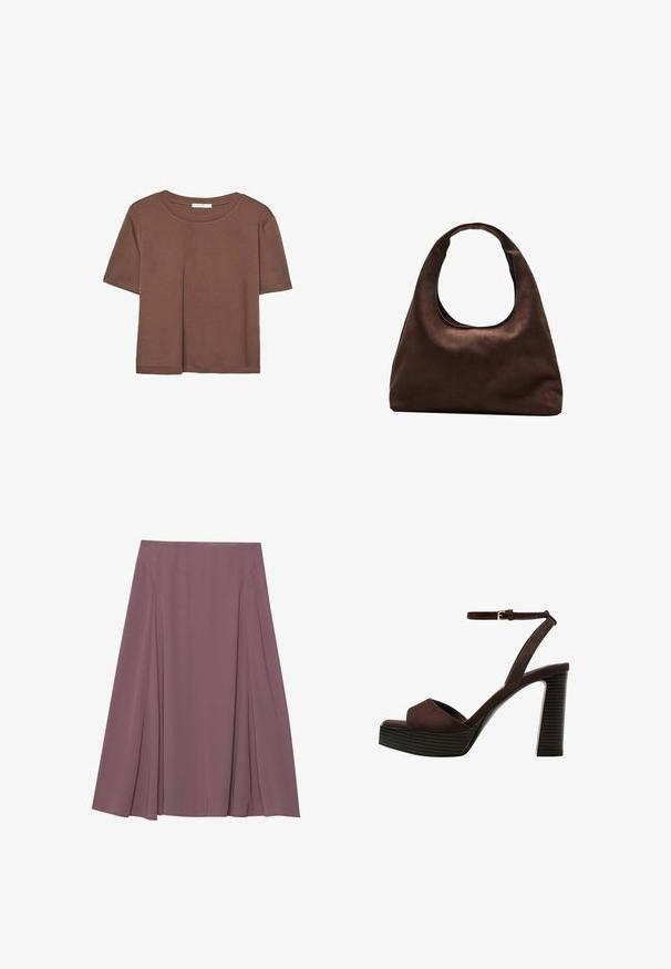 Hnědé tričko s krátkým rukávem vyrobené z měkké látky, s kulatým výstřihem a volným střihem. Bez viditelných vzorů nebo dekorací.; Sukně ke kolenům v tlumené barvě mauve, vyrobená z lehké tkaniny s plisovaným designem a hladkou strukturou. Bez viditelných zapínání.; Hnědé semišové sandály na vysokém podpatku s otevřenou špičkou, nastavitelným páskem kolem kotníku a proužkovou platformou.; Měkká hnědá kabelka ve stylu hobo s jedním širokým popruhem a zakřiveným horním otvorem, vystavená na bílém pozadí.