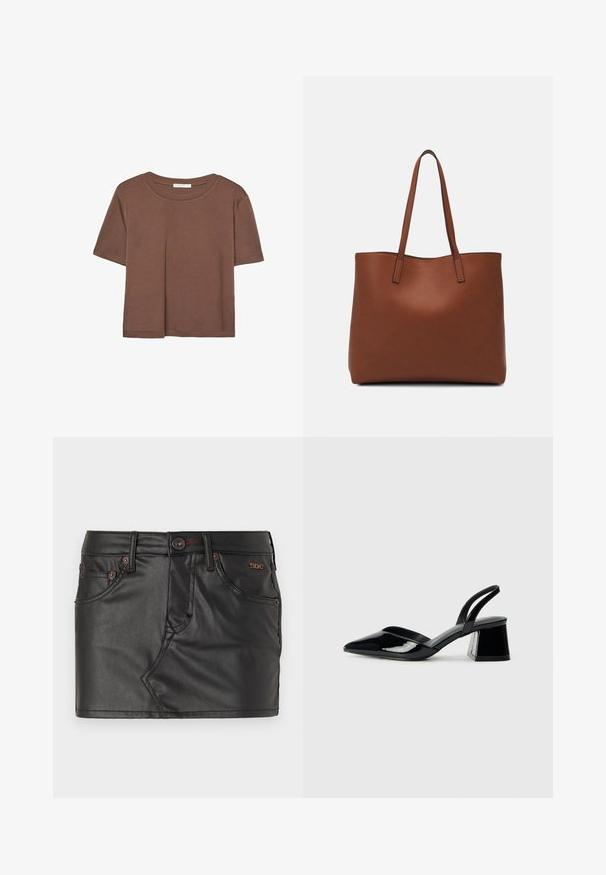 Maglietta a maniche corte marrone realizzata in tessuto morbido, con scollatura rotonda e vestibilità rilassata. Nessun motivo o dettaglio visibile.; Mini gonna in finta pelle nera con design aderente, tasche frontali e dettagli in hardware bronzato. Presenta cuciture visibili per un effetto di texture.; Décolleté in vernice nera con punta affusolata e tacco in geometria cubica. Presentano un design elegante e minimalista, con una texture liscia.; Borsa tote in pelle marrone con texture liscia, design con apertura superiore e due spallacci. Presenta cuciture minime e nessun hardware visibile.