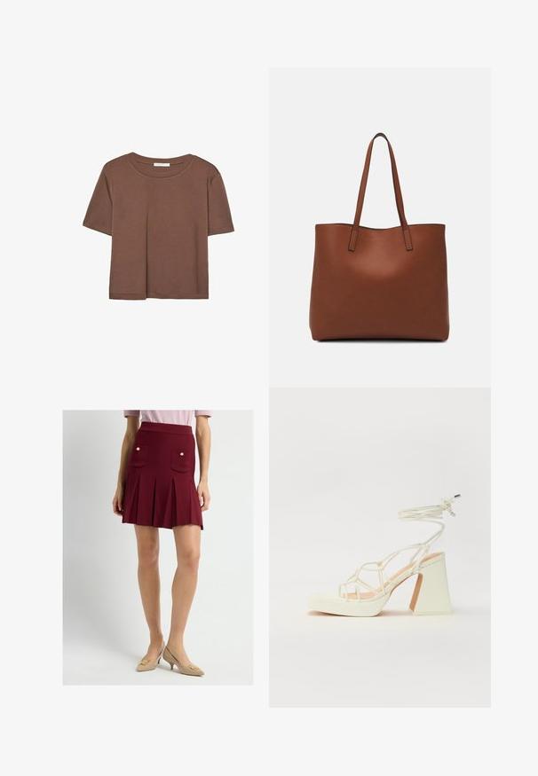 Hnědé tričko s krátkým rukávem vyrobené z měkké látky, s kulatým výstřihem a volným střihem. Bez viditelných vzorů nebo dekorací.; Červená, plisovaná mini sukně s vysokým pasem, která má dvě přední kapsy ozdobené zlatými knoflíky. Doplněná béžovými lodičkami s špičatou špičkou.; Bílé sandály na vysokém podpatku s robustním podpatkem, s designem s pásky a zavazováním kolem kotníku. Hladký povrch s platformou vpředu pro zvýšení výšky.; Hnědá kožená taška přes rameno s hladkou texturou, otevřeným designem a dvěma ramenními popruhy. Obsahuje minimální švy a žádné viditelné kovové prvky.