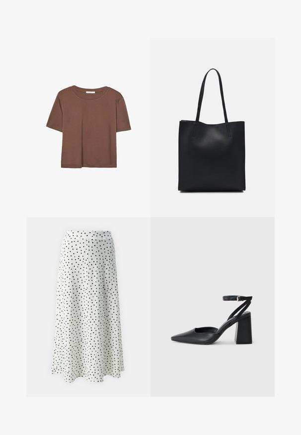 Brązowa koszulka z krótkim rękawem, wykonana z miękkiego materiału, z okrągłym dekoltem i luźnym krojem. Brak widocznych wzorów lub akcentów.; Biała midi spódnica w czarne kropki, z teksturowanej tkaniny i rozkloszowanym kroju, wykończona subtelnym paskiem w talii.; Czarne skórzane czółenka z ostrym noskiem, z paskiem na kostce i grubym obcasem. Gładka faktura, elegancki design i minimalistyczna estetyka.; Czarna skórzana torba tote o gładkiej fakturze, prostokątnym kształcie i dwóch długich uchwytach. Brak widocznych elementów metalowych i ozdób.