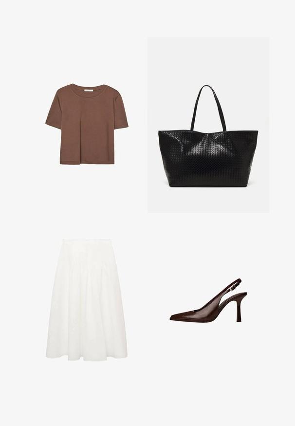 Braunes, kurzärmliges T-Shirt aus weichem Material mit rundem Halsausschnitt und lockerer Passform. Keine sichtbaren Muster oder Akzente.; Weißer Midirock aus leichtem Stoff, mit einem enganliegenden Bund und sanften Falten für Volumen. Glatte, fließende Textur ohne Muster.; Braune Leder-Slingback-Pumps mit spitzer Zehenform und dünnem Absatz. Sie verfügen über eine kleine Akzent-Schnalle am Riemen und eine glänzende Oberfläche.; Schwarze geflochtene Tragetasche mit zwei stabilen Griffen, die eine glänzende Textur und ein geräumiges offenes Design bietet.