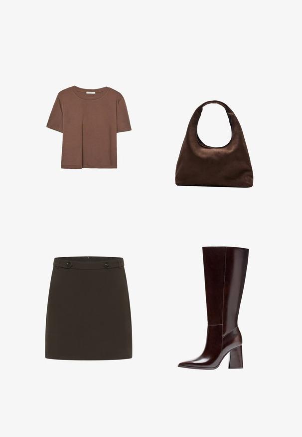 Braunes, kurzärmliges T-Shirt aus weichem Material mit rundem Halsausschnitt und lockerer Passform. Keine sichtbaren Muster oder Akzente.; Brauer Minirock aus glattem Stoff. Hat eine taillierte Passform mit zwei Knöpfen vorne. Schlichte Gestaltung, ohne Muster oder zusätzliche Akzente.; Braune Leder-Knöchelstiefel mit spitzem Zehenbereich und strukturiertem Blockabsatz. Verfügt über eine klare Linienführung und minimale Nähdetails.; Weiche braune Hobo-Stil Handtasche mit einem einzigen breiten Trageriemen und einer geschwungenen Oberteilöffnung, auf einem weißen Hintergrund präsentiert.