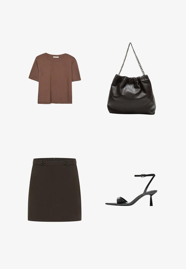 T-shirt marron à manches courtes en tissu doux, avec un col rond et une coupe décontractée. Aucun motif ni accent visible.; Jupe mini marron en tissu lisse. Présente une taille ajustée avec deux boutons à l'avant. Design simple, sans motifs ni accents supplémentaires.; Bershka Sandales à talons hauts - black; Sac en cuir marron avec un haut froncé et une bandoulière en chaîne. Texture lisse avec une finition brillante et des coutures subtiles sur les côtés.