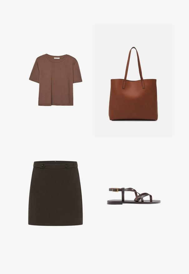 Korte mouwen T-shirt in bruin, gemaakt van een zachte stof, met een ronde halslijn en een relaxte pasvorm. Geen zichtbare patronen of accenten.; Bruine mini-jurk gemaakt van een gladde stof. Heeft een getailleerde taille met twee knopen aan de voorkant. Eenvoudig ontwerp, geen patronen of aanvullende accenten.; Bruine leren sandaal met kruisingen van banden, een enkelgesp-sluiting en een platte zool met minimale stikdetails.; Bruine leren tote bag met een gladde textuur, een ontwerp met een open bovenkant en twee schouderbanden. Kenmerkt zich door minimale stiksels en geen zichtbare hardware.