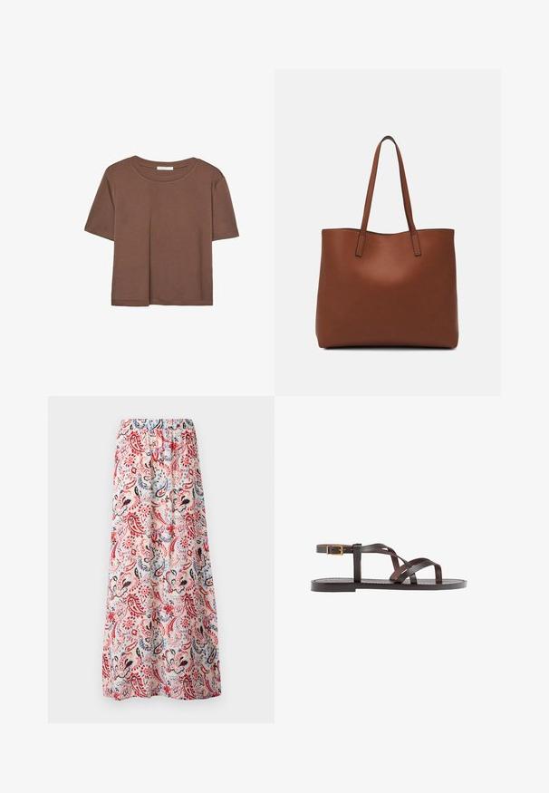 Hnědé tričko s krátkým rukávem vyrobené z měkké látky, s kulatým výstřihem a volným střihem. Bez viditelných vzorů nebo dekorací.; Květinová maxi sukně, elastický pas, s vícero barevným paisley vzorem s červenými, modrými a černými akcenty na světlém pozadí.; Hnědé kožené sandály s kříženými pásky, uzavřením na přezku u kotníku a plochou podrážkou s minimem švů.; Hnědá kožená taška přes rameno s hladkou texturou, otevřeným designem a dvěma ramenními popruhy. Obsahuje minimální švy a žádné viditelné kovové prvky.