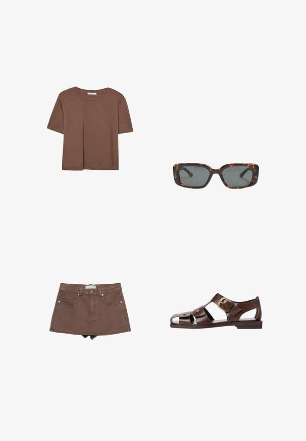 Rjava kratka majica s kratkimi rokavi iz mehkega materiala, s krožnim izrezom in ohlapnim krojem. Brez vidnih vzorcev ali dodatkov.; Rjava-denim mini krilo s prilegajočim pasom, zasnovo s petimi žepi, sprednjim gumbom in robom malo nad sredino stegna.; Rjave usnjene sandale z izrezljanim dizajnom, nastavljivim stranskim sponko in ravnim podplatom, dekorirane z kovinskimi detajli in odprtim prstom.; Sonce, ki je oblikovana v tortoščkovem vzorcu, ima pravokotne leče, debele okvirje in temne leče. Ima gladko teksturo in minimalističen dizajn.