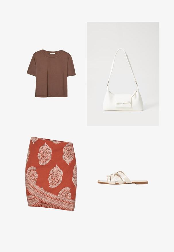 Kahvinsävyinen lyhythihainen t-paita, joka on valmistettu pehmeästä kankaasta. Pyöreä pääntie ja rento malli. Ei näkyviä kuvioita tai koristeita.; Hame rustinvärinen, jossa on valkoisia paisley- ja kukkakuoseja. Siinä on viistosti leikattu helma ja monimutkainen reunakuvio alareunassa.; Tason vaaleanruskealla kumipohjalla, jossa on kolme päällekkäistä valkoista nahkaremmiä ja pieni satiininen rusetti keskellä.; Valkoinen synteettinen käsilaukku, jossa on kolmikulmainen muoto, tasainen etu läppä ja nauhadetail, säädettävä olkahihna, sileä rakenne ja minimalinen muotoilu.