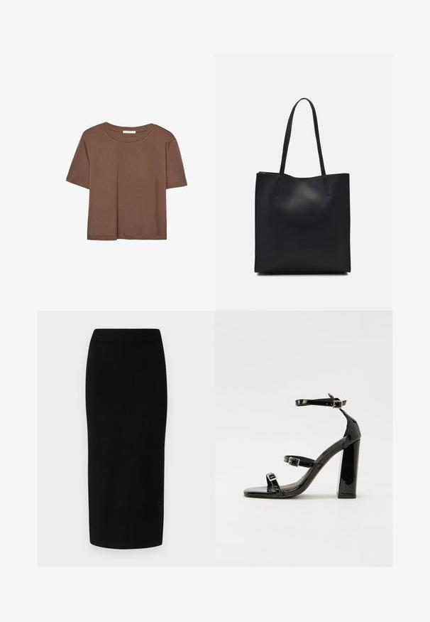 Braunes, kurzärmliges T-Shirt aus weichem Material mit rundem Halsausschnitt und lockerer Passform. Keine sichtbaren Muster oder Akzente.; Schwarzer Strick-Midirock mit einer taillierten Silhouette, ausgestattet mit einem breiten elastischen Bund und glatter Textur, ohne erkennbare Muster oder Akzente.; Schwarze patentierte Sandalen mit Absatz, quadratischer Spitze, Knöchelriemen und silbernen Schnallen. Mit einem stabilen Blockabsatz für mehr Stabilität.; Schwarze Laptoptasche aus Leder mit glatter Textur, rechteckiger Form und zwei langen Griffen. Keine sichtbaren Beschläge oder Verzierungen.
