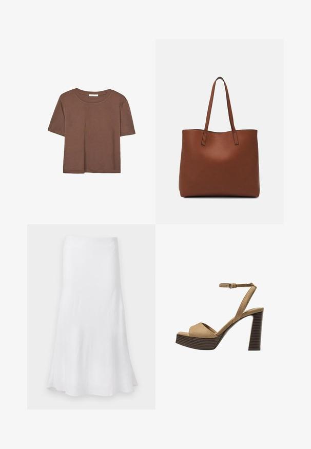 Maglietta a maniche corte marrone realizzata in tessuto morbido, con scollatura rotonda e vestibilità rilassata. Nessun motivo o dettaglio visibile.; Gonna bianca con una forma ad A fluida, realizzata in tessuto leggero. Texture liscia, lunghezza al ginocchio, con un design semplice senza fantasia.; Sandali con tacco alto in suede beige, con una larga fascetta anteriore e una fascetta alla caviglia, dotati di un tacco blocco in legno spesso con una finitura testurizzata.; Borsa tote in pelle marrone con texture liscia, design con apertura superiore e due spallacci. Presenta cuciture minime e nessun hardware visibile.