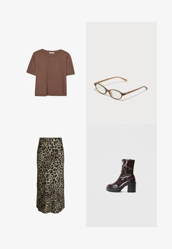 Brun kortærmet t-shirt lavet af blødt stof, med rund halsudskæring og afslappet pasform. Ingen synlige mønstre eller detaljer.; Leopardmønstret midi-nederdel i et silkeblød stof. Har en glat tekstur, neutral beige baggrund med dybe brune og sorte pletter.; Glatte burgunder ankelstøvler med en chunky sort hæl, der har en glat tekstur og et simpelt design. Ingen synlige lukninger eller mønstre.; Brune skildpaddemønstrede briller med ovale linser, tynde arme og gennemsigtige accenter. Har et diskret logo på stangen. Slankt, let design.; Gul faux-krokodille skuldertaske med struktureret design, top-håndtag, aftagelig kædetraske og dekorativ krystaldekoration på låsen.