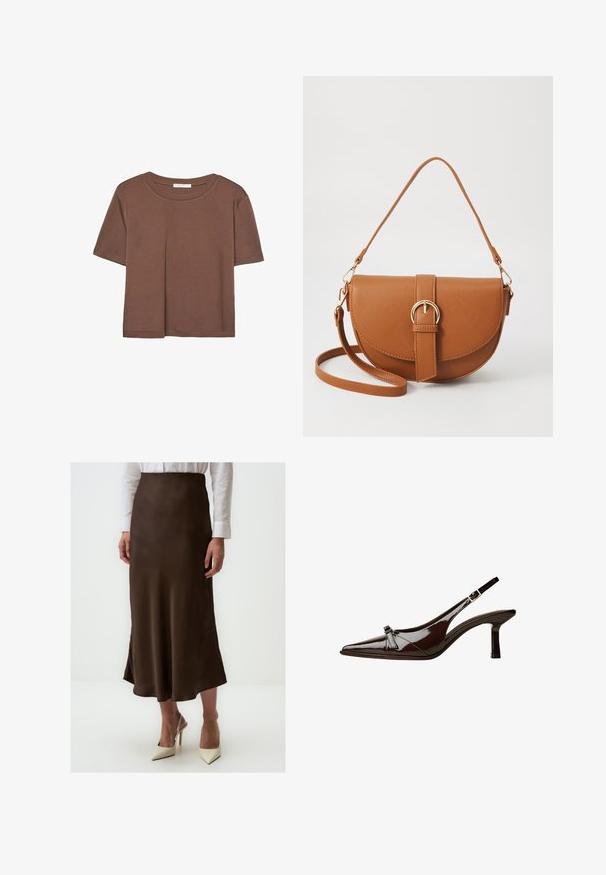 Brown short-sleeve t-shirt made of soft fabric, with a round neckline and relaxed fit. No visible patterns or accents.; Brown satin midi skirt with a smooth texture, slightly flared design, and side slit. Worn with white button-up shirt and cream high heels.; Brown patent leather slingback shoe with pointed toe, low heel, and a decorative bow accent on the front. Smooth, shiny texture.; Brown leather crossbody bag with a curved shape, gold hardware, and a buckle accent. Features a detachable shoulder strap.