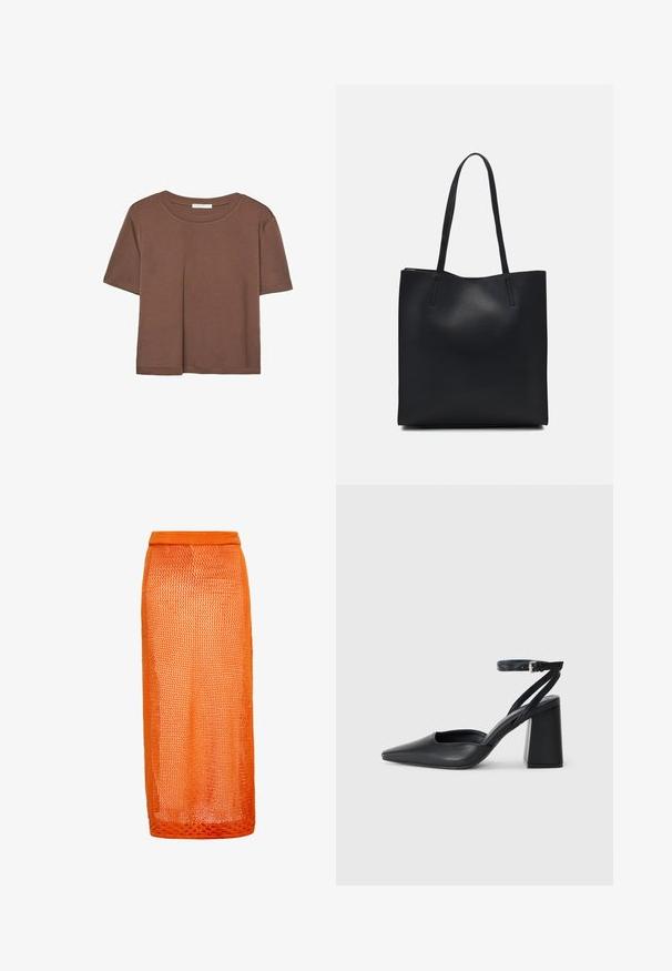 Rjava kratka majica s kratkimi rokavi iz mehkega materiala, s krožnim izrezom in ohlapnim krojem. Brez vidnih vzorcev ali dodatkov.; Oranžni pleteni midi krilo z mrežnim dizajnom. Ima prilega pasu in lahko, teksturirano končnico.; Črne usnjene klasične čevlje z ostrim nosom, z zaponko za gleženj in debelim peto. Ravna tekstura, eleganten dizajn in minimalistična estetika.; Črna usnjena torba s svilnato teksturo, pravokotne oblike in dvema dolgima ročajema. Brez vidnih metalnih delov ali okrasnih elementov.