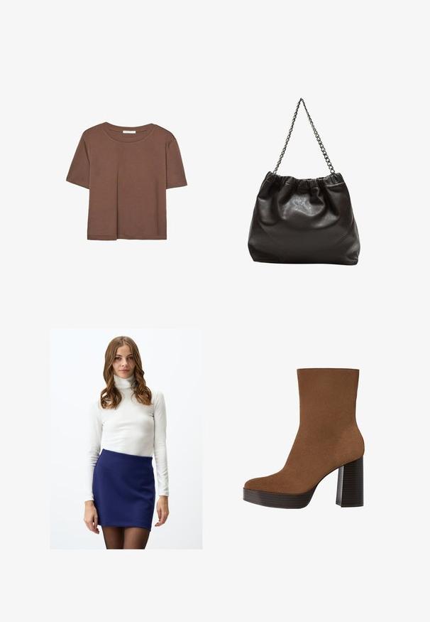 Braunes, kurzärmliges T-Shirt aus weichem Material mit rundem Halsausschnitt und lockerer Passform. Keine sichtbaren Muster oder Akzente.; Weißes, geripptes Rollkragenoberteil, kombiniert mit einem enganliegenden, dunkelblauen Miniskirt. Das Outfit hat lange Ärmel und eine glatte Textur.; Braunes Wildleder-Ankle Boot mit runder Spitze, klobigem schwarz gestreiften Absatz und glatter Oberfläche. Besitzt ein enganliegendes Design ohne sichtbare Beschläge.; Braune Lederhandtasche mit gerafftem Oberteil und Kettenriemen. Glatte Textur mit glänzendem Finish und subtilen Nahtdetails an den Seiten.; Stradivarius FLORAL - Halskette - beige