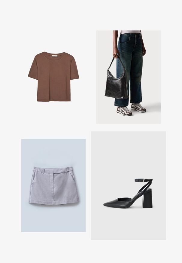 Rjava kratka majica s kratkimi rokavi iz mehkega materiala, s krožnim izrezom in ohlapnim krojem. Brez vidnih vzorcev ali dodatkov.; Siva krila z gladko teksturo, s ravnim pasom, dvema sprednjima žepoma in ravno zasnovo.; Črne usnjene klasične čevlje z ostrim nosom, z zaponko za gleženj in debelim peto. Ravna tekstura, eleganten dizajn in minimalistična estetika.; Črna usnjena torba za ramo z gladko teksturo in nastavljivim trakom, v kombinaciji z zbledelimi širokimi hlačami in športnimi supergami.