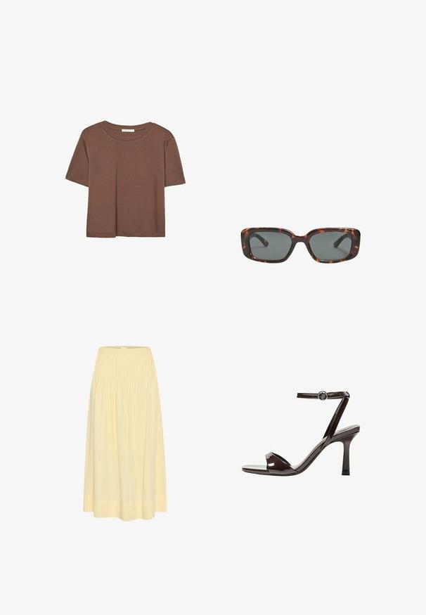 Brun kortærmet t-shirt lavet af blødt stof, med rund halsudskæring og afslappet pasform. Ingen synlige mønstre eller detaljer.; My Essential Wardrobe Maxinederdele - double cream; Brune patentlæder højhælede sandal med ankelrem, åben tå og et elegant, minimalistisk design. Udstyret med en firkantet hæl.; Skildpaddedesolbriller med rektangulære linser, tykke stel og mørkt tonede linser. Glat tekstur og minimalistisk design.