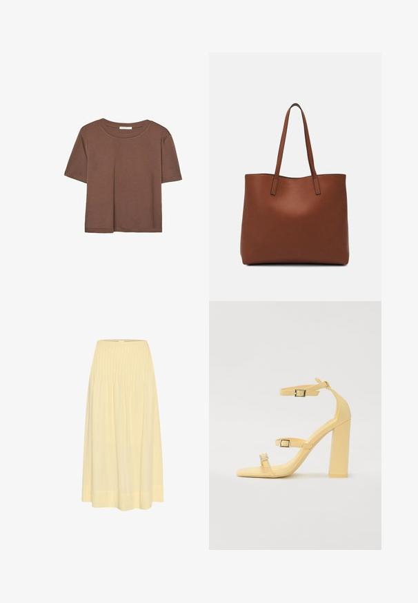 Maglietta a maniche corte marrone realizzata in tessuto morbido, con scollatura rotonda e vestibilità rilassata. Nessun motivo o dettaglio visibile.; My Essential Wardrobe Gonna lunga - double cream; Sandali gialli con tacco blocco, dotati di tre cinturini regolabili, design a punta quadrata, materiale sintetico liscio e fibbie in tonalità argento.; Borsa tote in pelle marrone con texture liscia, design con apertura superiore e due spallacci. Presenta cuciture minime e nessun hardware visibile.