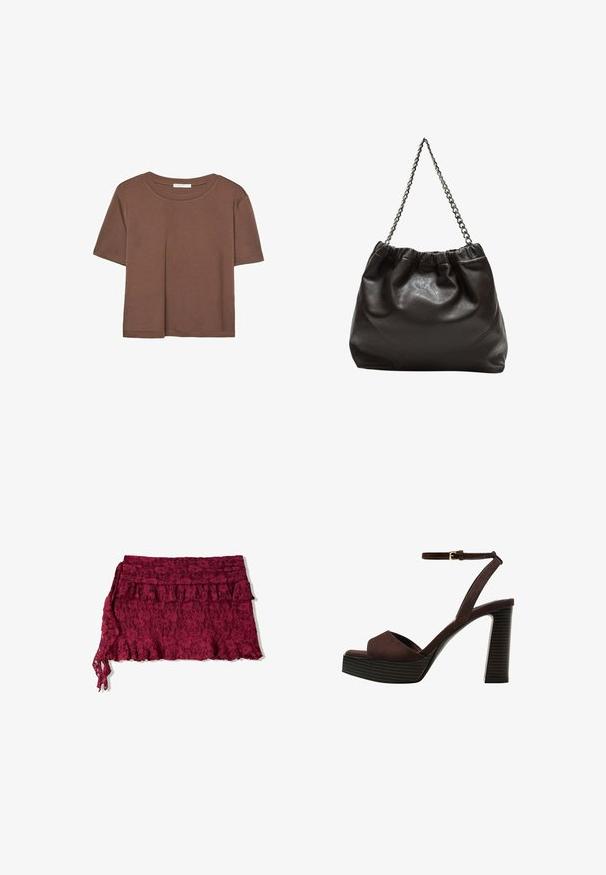 Hnědé tričko s krátkým rukávem vyrobené z měkké látky, s kulatým výstřihem a volným střihem. Bez viditelných vzorů nebo dekorací.; Burgundská krajková sukně s volánovým lemem a vrstveným designem. Obsahuje měkkou texturu a nastavitelné zavázání na jedné straně.; Hnědé semišové sandály na vysokém podpatku s otevřenou špičkou, nastavitelným páskem kolem kotníku a proužkovou platformou.; Hnědá kožená taška se sbíraným vrškem a řetízkovým popruhem. Hladký povrch s lesklým finišem a jemným švem na bocích.