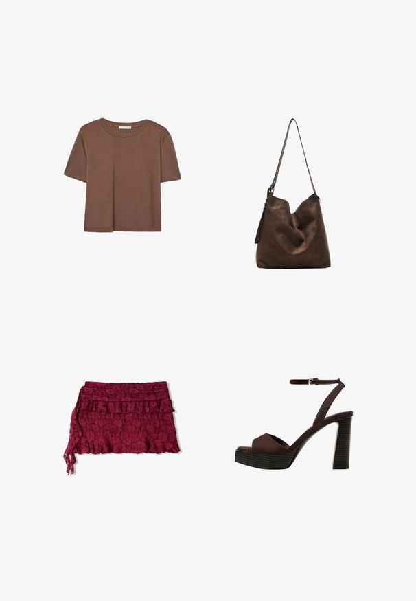 Hnědé tričko s krátkým rukávem vyrobené z měkké látky, s kulatým výstřihem a volným střihem. Bez viditelných vzorů nebo dekorací.; Burgundská krajková sukně s volánovým lemem a vrstveným designem. Obsahuje měkkou texturu a nastavitelné zavázání na jedné straně.; Hnědé semišové sandály na vysokém podpatku s otevřenou špičkou, nastavitelným páskem kolem kotníku a proužkovou platformou.; Hnědá semišová hobo taška s zakřiveným vrškem, dlouhým popruhem s tečkovanými akcenty a měkkou texturou. Disponuje uvolněným designem pro každodenní nošení.