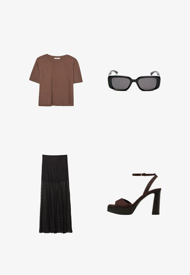 Korte mouwen T-shirt in bruin, gemaakt van een zachte stof, met een ronde halslijn en een relaxte pasvorm. Geen zichtbare patronen of accenten.; Zwarte kanten maxi rok met een gelaagde ontwerp, textuurpatroon en een vloeiende silhouet. Elastische tailleband voor een verstelbare pasvorm.; Bruine suède high-heeled sandaal met een open teen, verstelbare enkelband en een gestreepte plateauzool.; Zwarte rechthoekige zonnebril met donkere lenzen, een gladde kunststof montuur en gebogen pootjes. Het ontwerp is robuust met een minimalistische esthetiek.