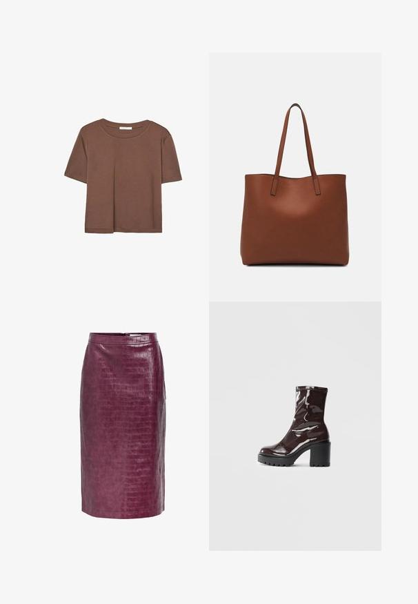 Brown short-sleeve t-shirt made of soft fabric, with a round neckline and relaxed fit. No visible patterns or accents.; Burgundy faux leather pencil skirt with an alligator texture, featuring a back zip closure and side slits for ease of movement.; Glossy burgundy ankle boot with a chunky black heel, featuring a smooth texture and simple design. No visible fastenings or patterns.; Brown leather tote bag with a smooth texture, open top design, and two shoulder straps. Features minimal stitching and no visible hardware.