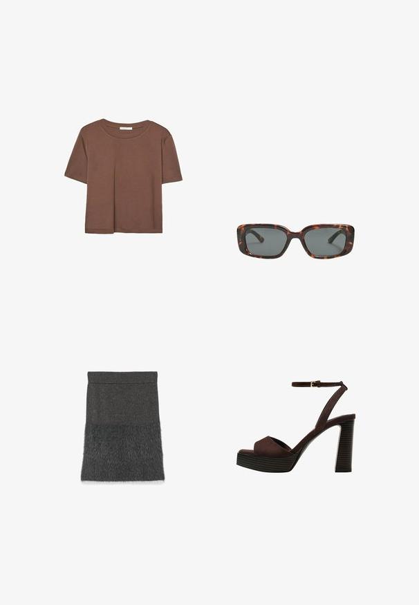 Braunes, kurzärmliges T-Shirt aus weichem Material mit rundem Halsausschnitt und lockerer Passform. Keine sichtbaren Muster oder Akzente.; Grafitgrauer Rock mit gerippter Textur oben und einem flauschigen, fellenähnlichen unteren Teil, gerade geschnitten und ohne sichtbare Verschlüsse.; Braune Wildleder-Pumps mit offenem Zeh, verstellbarem Knöchelriemen und gestreiftem Plateausohlen.; Sonnenbrille im Schildpatt-Design mit rechteckigen Gläsern, dicken Rahmen und dunkelgetönten Gläsern. Glatte Textur und minimalistisches Design.; Braune Wildleder-Hobo-Tasche mit geschwungenem oberen Teil, einem langen Trageriemen mit Punktakzenten und einer weichen Textur. Verfügt über ein lässiges Design für den täglichen Gebrauch.