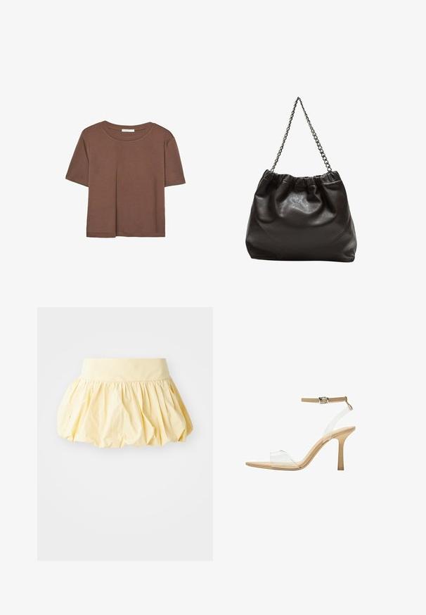 Brun kortärmad t-shirt i mjukt tyg, med rund halsringning och avslappnad passform. Inga synliga mönster eller detaljer.; Gul bomullskjol med en voluminös, rynkad design och ett brett midjeband. Slät textur och lätt tyg ger ett avslappnat utseende.; Klart häl sandal med en transparent ovandel, beige fotbädd och en smal ankelrem. Har en spetsig tå och en tunn hög klack.; Brun läderväska med rynkad topp och kedjesnodd. Slät textur med en blankslipad yta och subtila sömdetaljer på sidorna.
