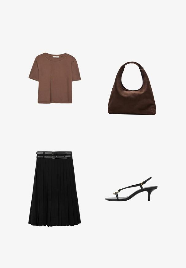 Smeđi kratki rukav majica od mekog materijala, s okruglim izrezom i opuštenim krojem. Nema vidljivih uzoraka ili naglasaka.; Crna plisirana suknja s dva kožna remena s srebrnim kopčama u struku. Izrađena od glatkog, fluidnog materijala.; Crne kožne sandale s kitten heel potpeticama, tankim trakama, zlatnom kopčom i minimalističkom petom za prste, na bijeloj pozadini.; Meka mekana smeđa torba hobo stila s jednim širokim remenom i zakrivljenim otvaranjem na vrhu, prikazana na bijeloj pozadini.