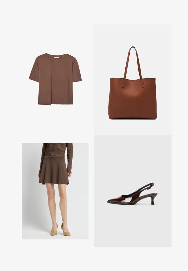 Maglietta a maniche corte marrone realizzata in tessuto morbido, con scollatura rotonda e vestibilità rilassata. Nessun motivo o dettaglio visibile.; Gonna svasata marrone con vita aderente e decorazioni in metallo. Tessuto texture con una finitura liscia. Abbinata a tacchi a punta intrecciati.; Scarpa slingback in pelle verniciata marrone con punta affusolata e tacco moderato. Presenta una fascia con fibbia per una calzata sicura. Tessuto liscio.; Borsa tote in pelle marrone con texture liscia, design con apertura superiore e due spallacci. Presenta cuciture minime e nessun hardware visibile.