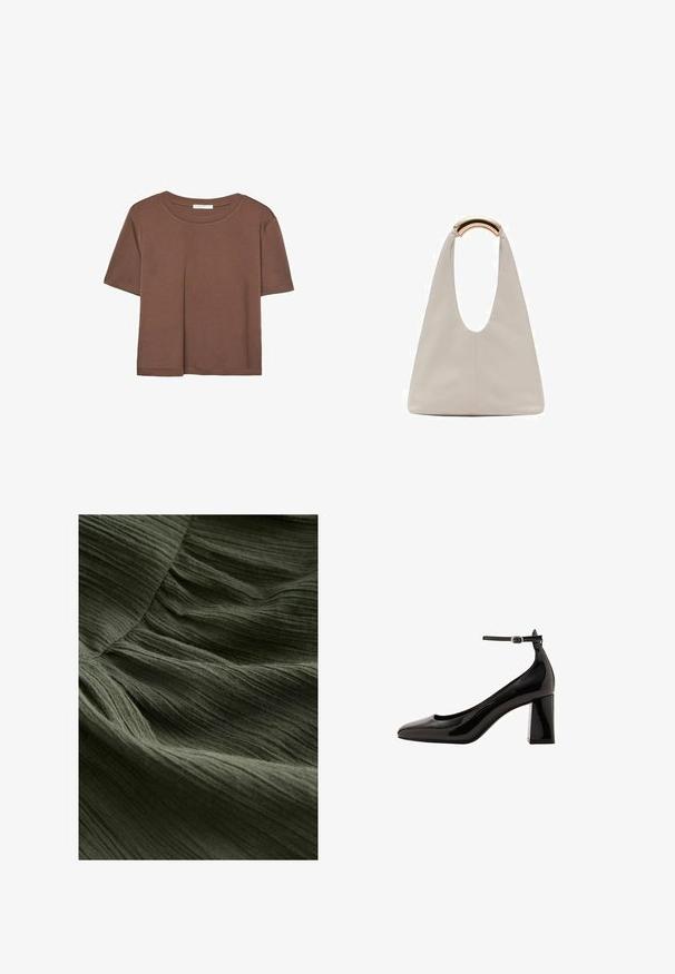 Brązowa koszulka z krótkim rękawem, wykonana z miękkiego materiału, z okrągłym dekoltem i luźnym krojem. Brak widocznych wzorów lub akcentów.; Zielony, plisowany materiał z bliska, z miękką, teksturowaną powierzchnią, cienkimi falistymi liniami i lekkim, płynącym wyglądem.; Czarne, lakierowane szpilki z zapięciem na kostce o błyszczącym wykończeniu, z wydłużonym noskiem i grubym obcasem. Gładka struktura, minimalne detale.; Jasnoszara skórzana torba o kształcie litery U z zakrzywionym metalowym uchwytem. Gładka tekstura z minimalnymi szwami i bez widocznych wzorów.