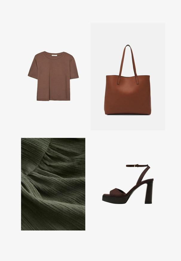 Rjava kratka majica s kratkimi rokavi iz mehkega materiala, s krožnim izrezom in ohlapnim krojem. Brez vidnih vzorcev ali dodatkov.; Zeleni nabran material v bližnjem posnetku, ki prikazuje mehko, teksturirano površino z tankimi, valovitimi črtami in lahkotnim, tekočim videzom.; Rjave semiš sandale z visoko peto, odprto spredaj, z nastavljivim gležnjenjem in črtastim podplatom.; Rjava usnjena torba z gladko teksturo, odprto zasnovo zgoraj in dvema naramnima trakovoma. Opremljena je z minimalnim šivanjem in brez vidnih kovinskih delov.