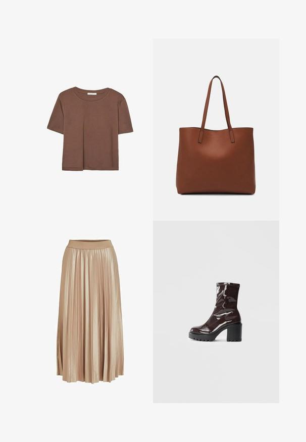 Kahvinsävyinen lyhythihainen t-paita, joka on valmistettu pehmeästä kankaasta. Pyöreä pääntie ja rento malli. Ei näkyviä kuvioita tai koristeita.; Viskoottihame vaaleanbeigessä satiinimateriaalissa. Varustettu leveällä, joustavalla vyötärönauhalla ja tyylikkäillä pystyröyhelöillä koko pituudelta.; Satea bordeaux berwarna mengkilap dengan tumit hitam tebal, menampilkan tekstur halus dan desain sederhana. Tanpa pengikat atau pola yang terlihat.; Ruskea nahkainen olkalaukku, jossa on sileä pinta, avoin yläosa ja kaksi olkahihnaa. Omaavat vain minimaalisen ompelun eikä näkyvää metalliosaa.
