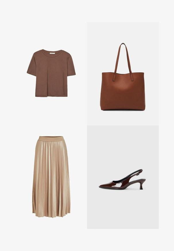 Braunes, kurzärmliges T-Shirt aus weichem Material mit rundem Halsausschnitt und lockerer Passform. Keine sichtbaren Muster oder Akzente.; Faltender Midirock aus leicht beigem Satin. Verfügt über einen breiten, elastischen Bund und elegante vertikale Falten über die gesamte Länge.; Braune Lackleder-Slingback-Schuhe mit spitzer Zehe und moderatem Absatz. Mit einem Schnallenriemen für einen sicheren Sitz. Glatte Textur.; Braune Leder-Tote mit glatter Textur, offenem Oberteil und zwei Schulterriemen. Verfügt über minimale Nähte und keine sichtbaren Beschläge.