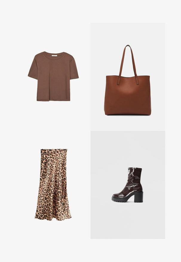 Brown short-sleeve t-shirt made of soft fabric, with a round neckline and relaxed fit. No visible patterns or accents.; Next PETITE FIT - Maxi skirt - leopard; Glossy burgundy ankle boot with a chunky black heel, featuring a smooth texture and simple design. No visible fastenings or patterns.; Brown leather tote bag with a smooth texture, open top design, and two shoulder straps. Features minimal stitching and no visible hardware.